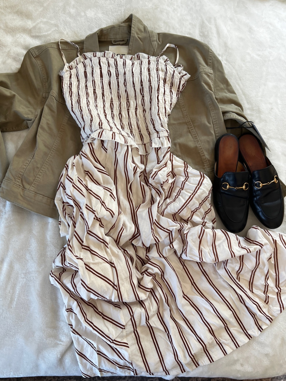 Striped White and Brown Maxi Dress — Women